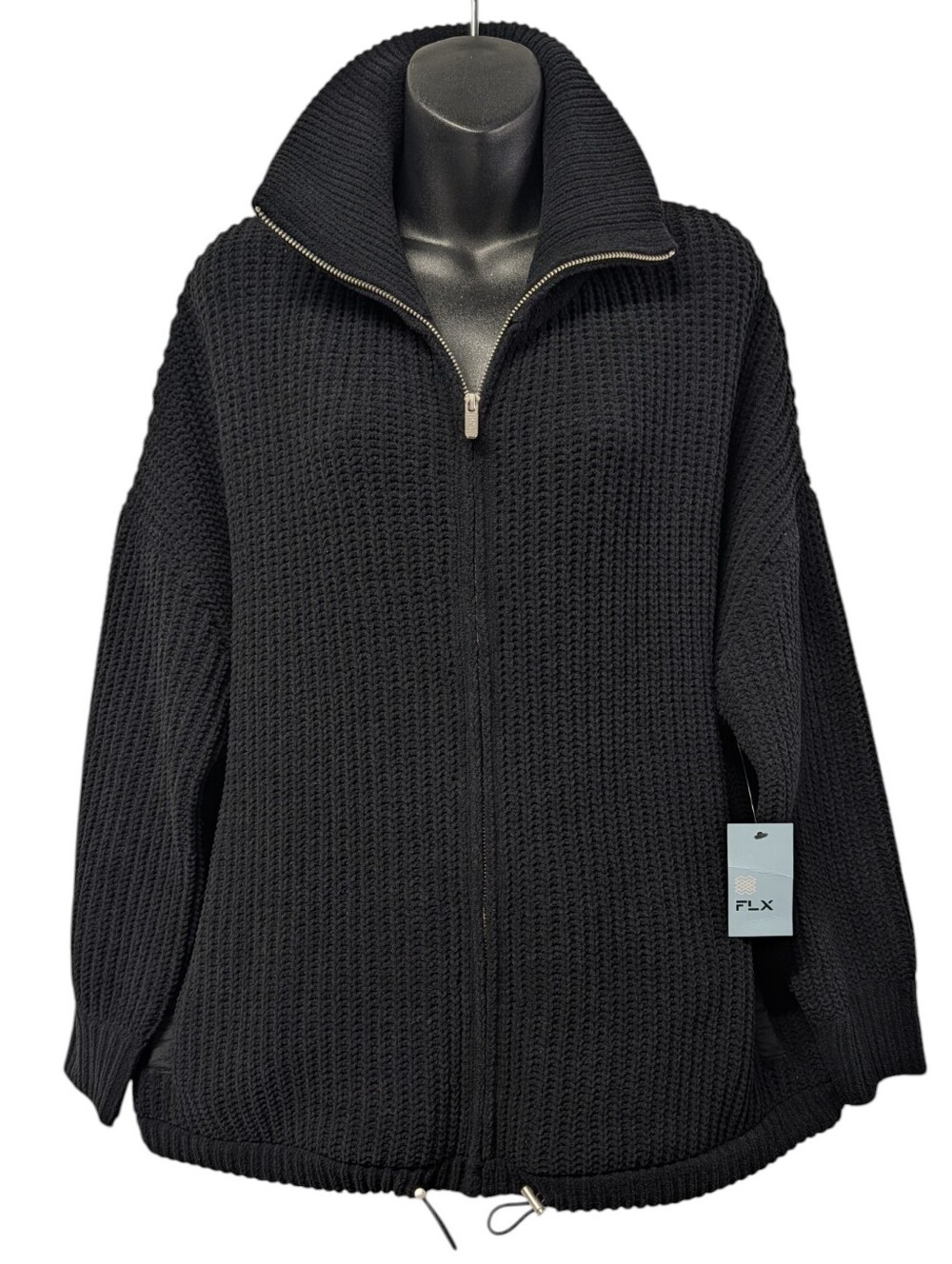 FLX Men's Size Large Black Chunky Waffle Knit Full Zip Sweater Jacket NWT